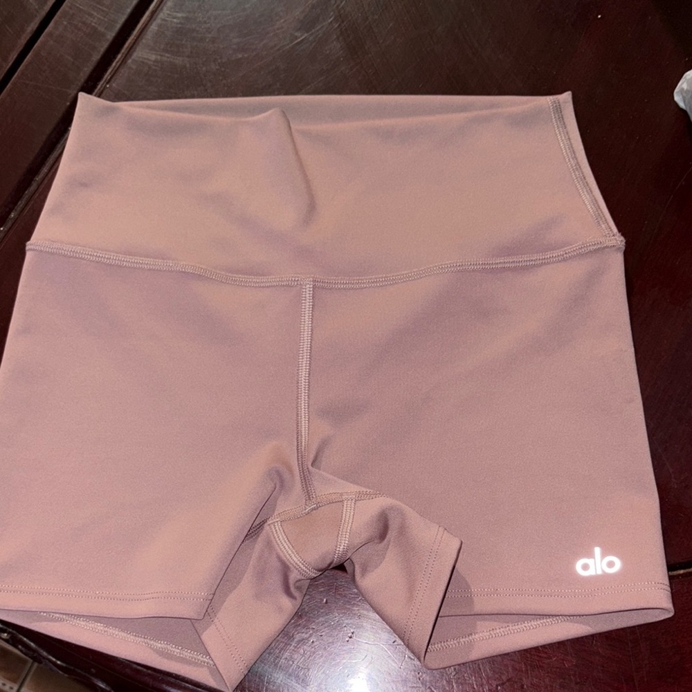 ALO Yoga Tan and Pink Bike Shorts High-Waisted Compression
